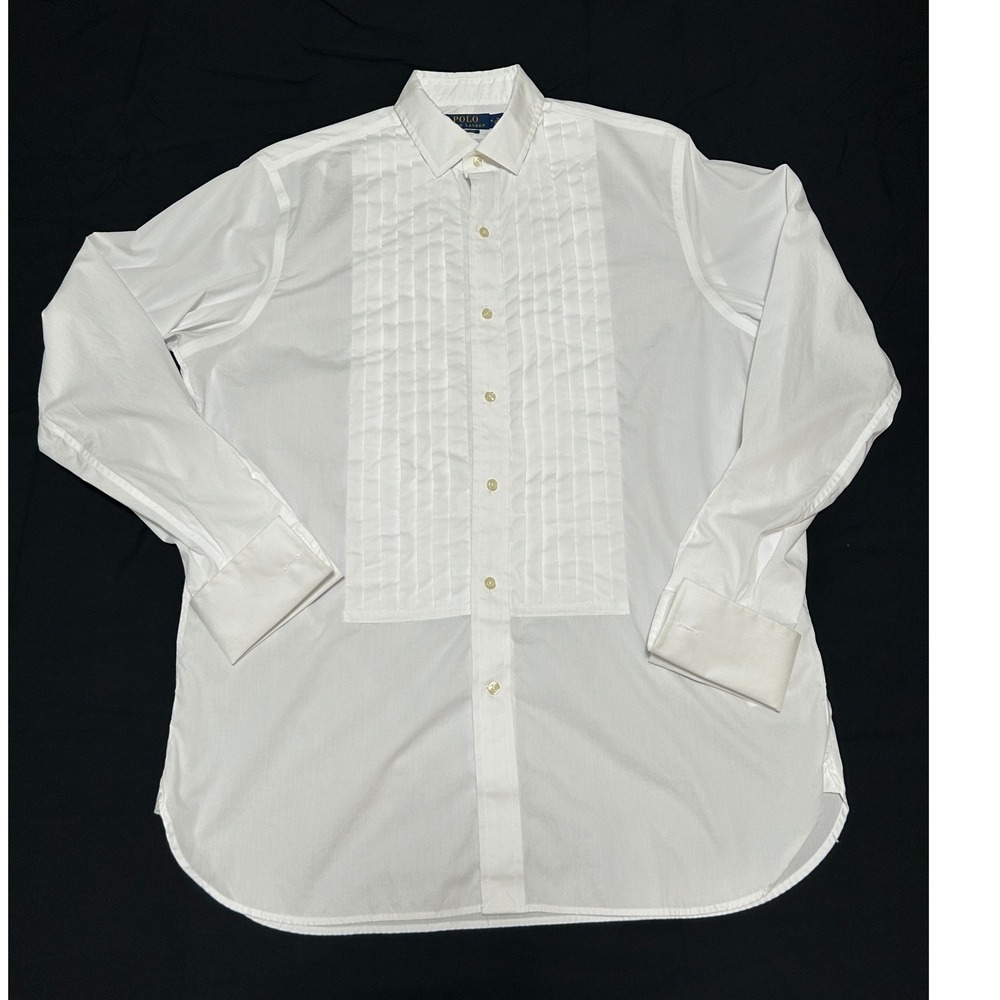 Polo Ralph Lauren Mens White Pleated Bib Tuxedo Shirt French Cuff 16 (34/35) Med
